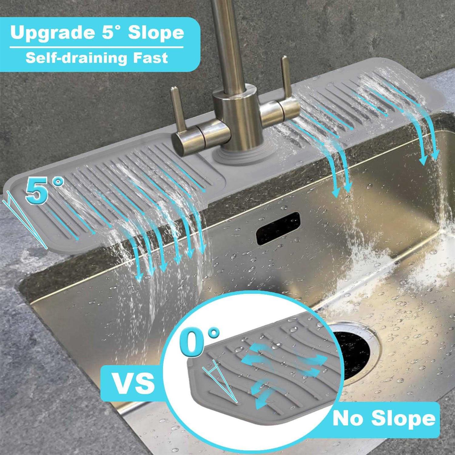 Abulun 5°slope Kitchen Sink Splash Guard-gray Silicone Faucet Mat Handle Drip Catcher Tray Behind Faucet with Soap Dispenser hole-1pc Water Clear - Image 3