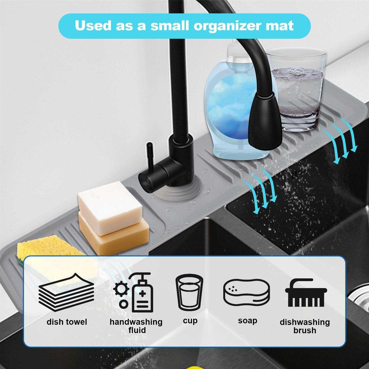 Abulun 5°slope Kitchen Sink Splash Guard-gray Silicone Faucet Mat Handle Drip Catcher Tray Behind Faucet with Soap Dispenser hole-1pc Water Clear - Image 5