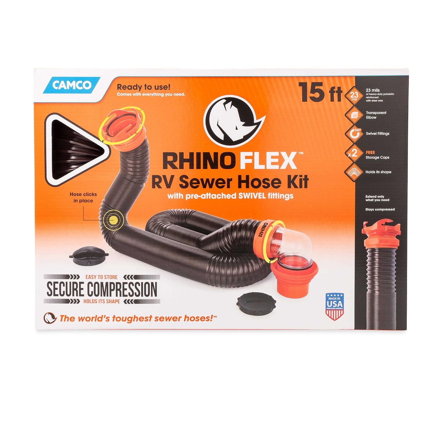 Camco Camper/RV RhinoFLEX Sewer Hose Kit with 15' Hose and Swivel Fittings - Image 3