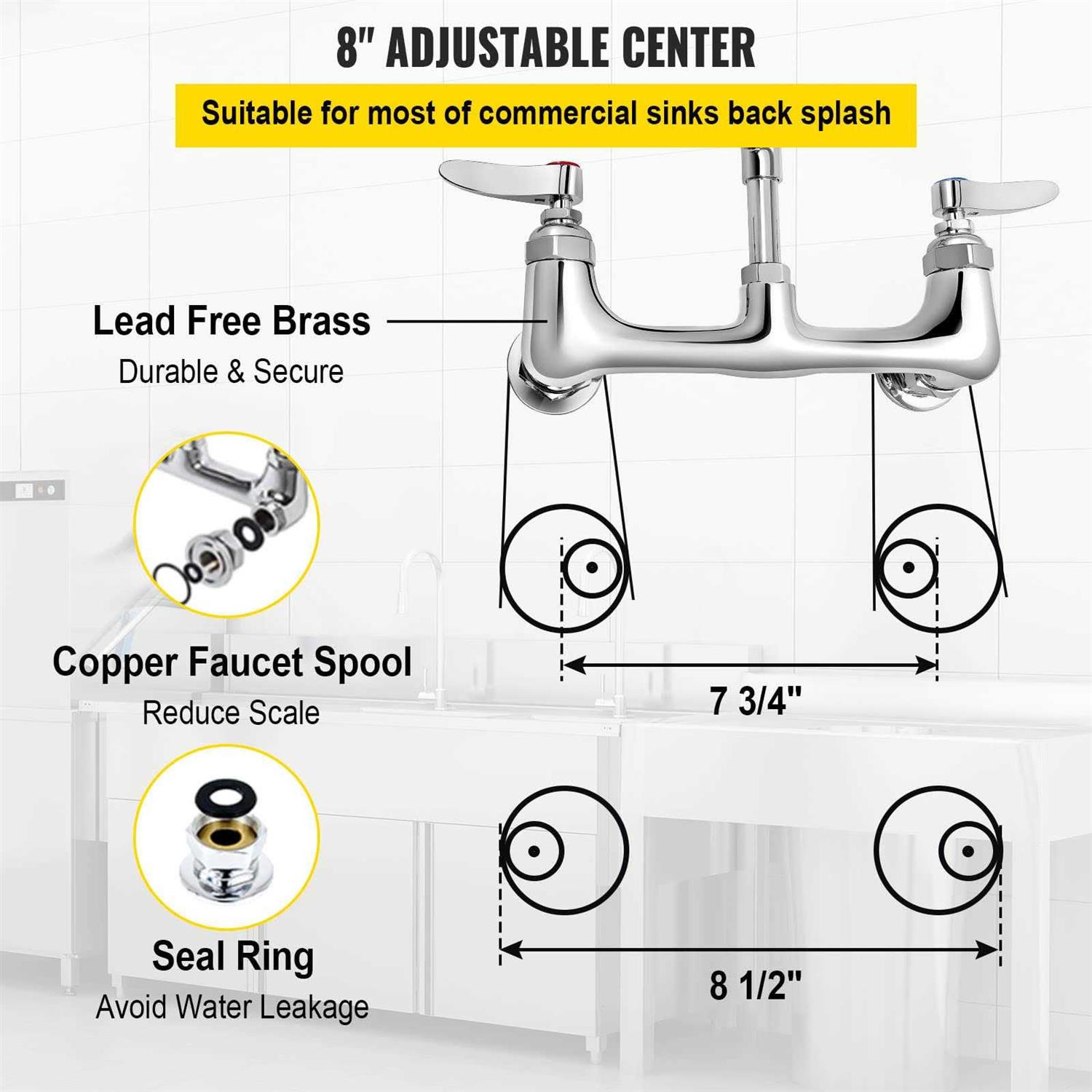 VEVOR Commercial Faucet Pre-Rinse with Sprayer 8 Adjustable Center Wall Mount Kitchen Faucet with 12 Swivel Spout QSYCKJJH83612AE8KV0 - Image 2