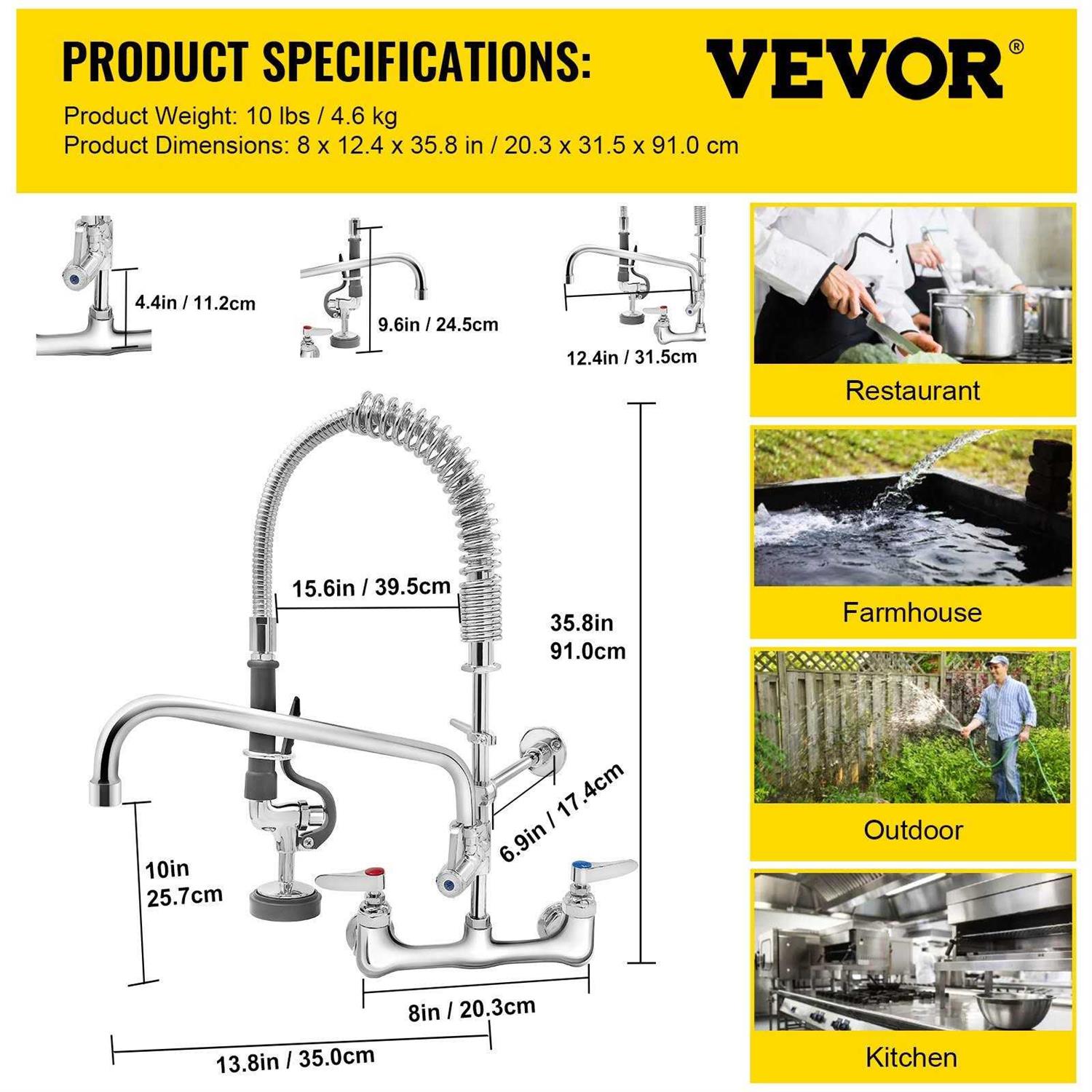 VEVOR Commercial Faucet Pre-Rinse with Sprayer 8 Adjustable Center Wall Mount Kitchen Faucet with 12 Swivel Spout QSYCKJJH83612AE8KV0 - Image 5