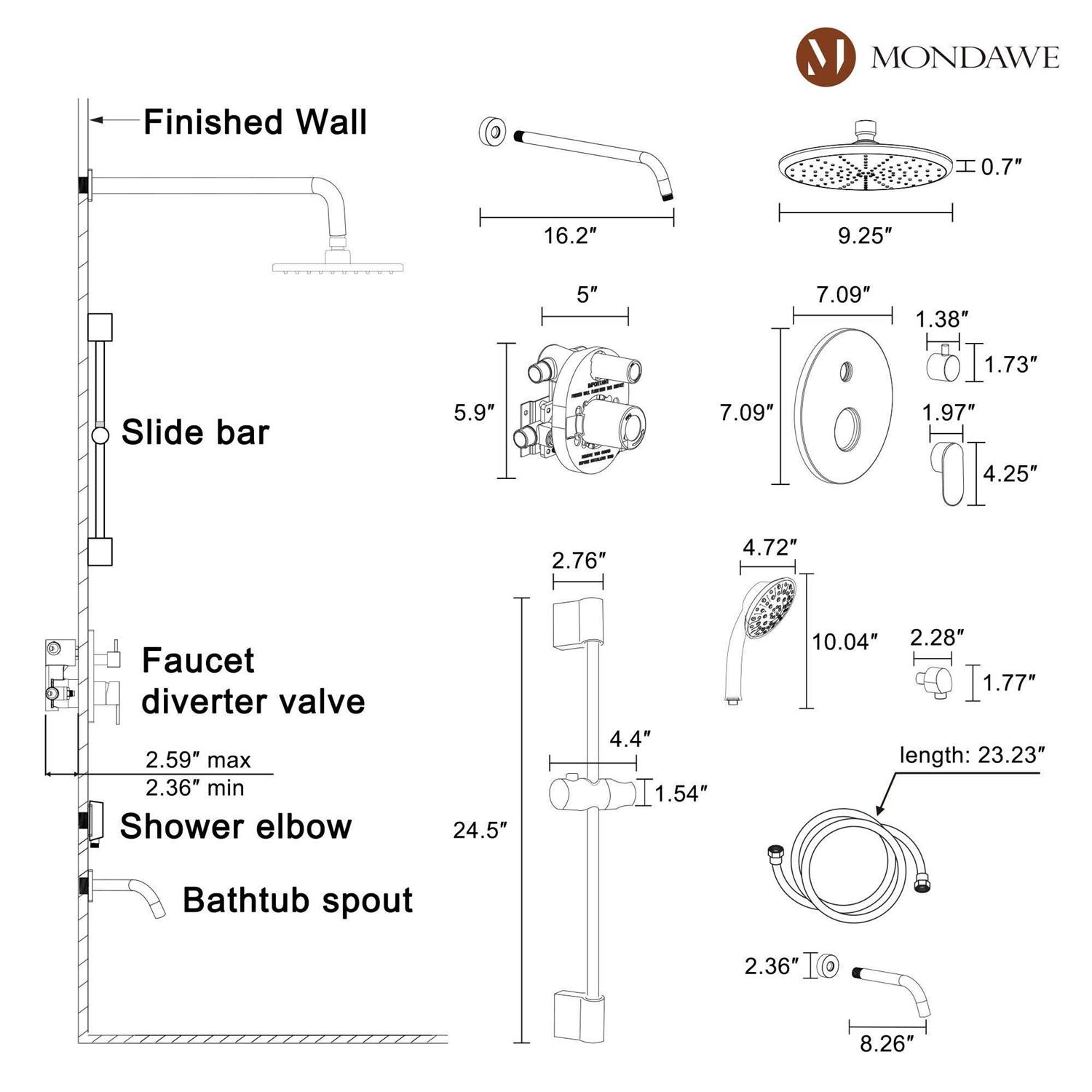 Mondawe Brushed Nickel Built-in Shower Faucet System with 2-way Diverter Valve Included MD-A3816-BN - Image 3