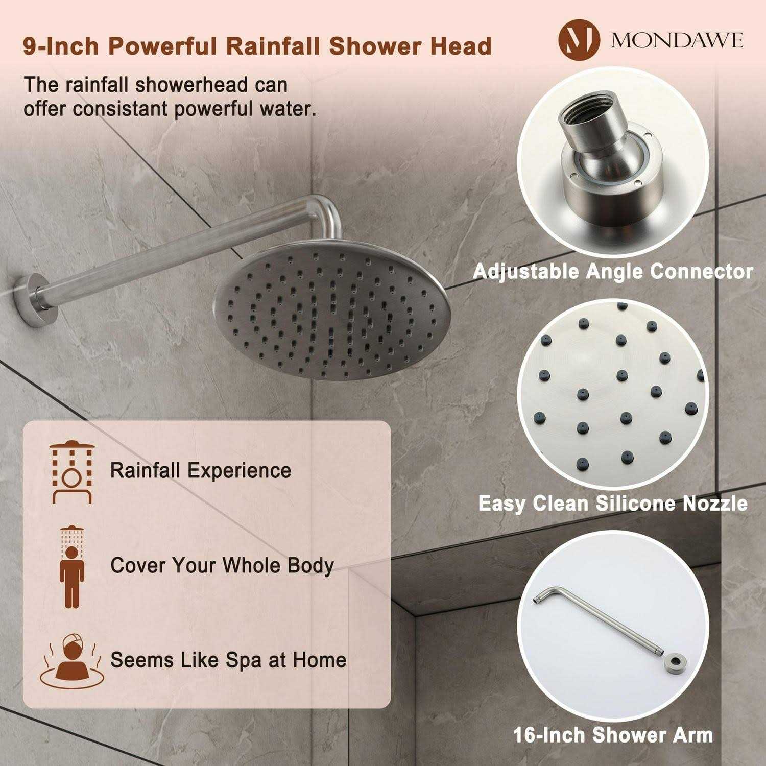 Mondawe Brushed Nickel Built-in Shower Faucet System with 2-way Diverter Valve Included MD-A3816-BN - Image 4