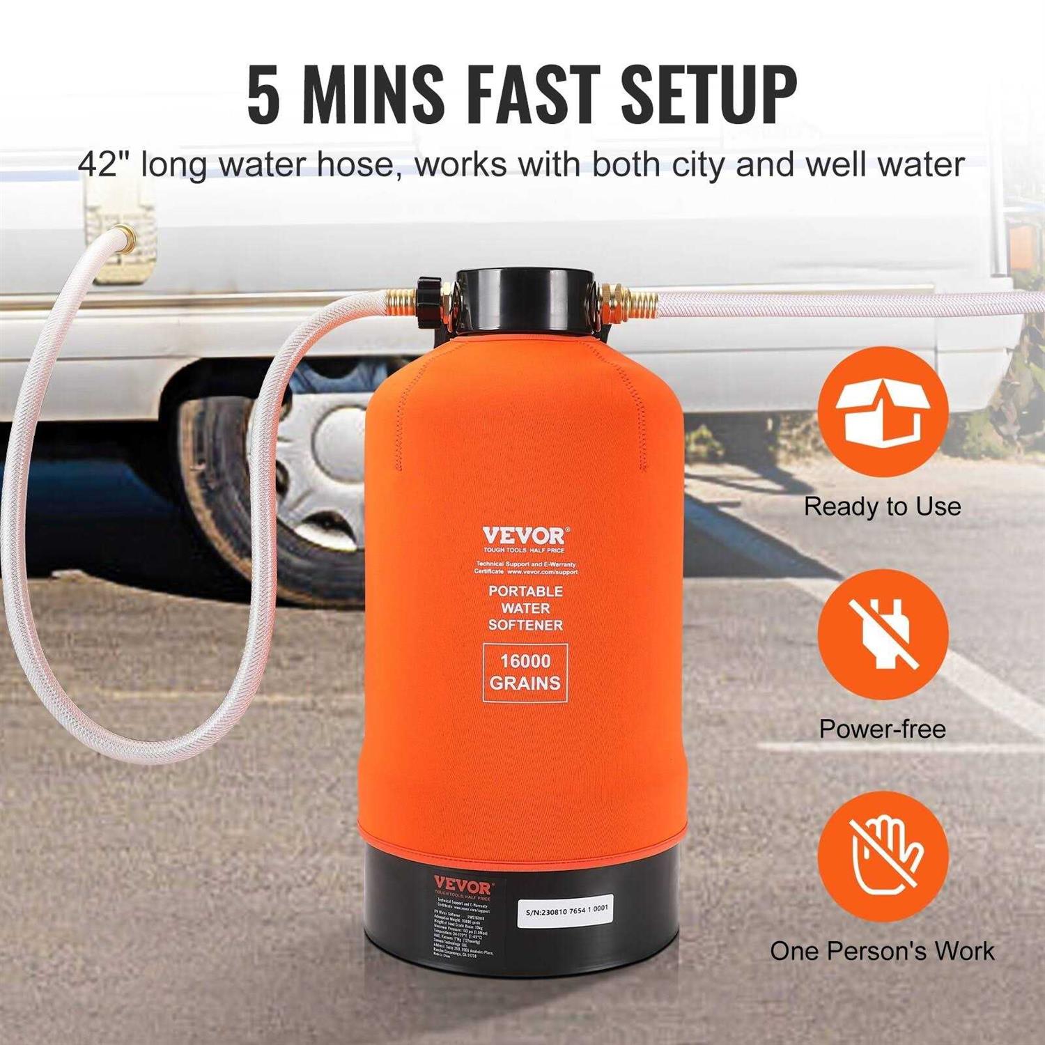 VEVOR RV Water Softener, 16,000 Grain Portable Water Softener, with 3/4 Brass Fittings and 42 Hose - Image 2