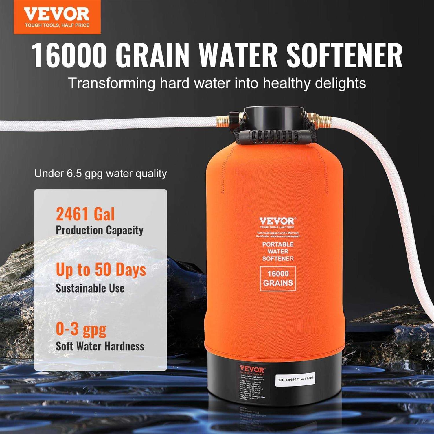 VEVOR RV Water Softener, 16,000 Grain Portable Water Softener, with 3/4 Brass Fittings and 42 Hose - Image 4