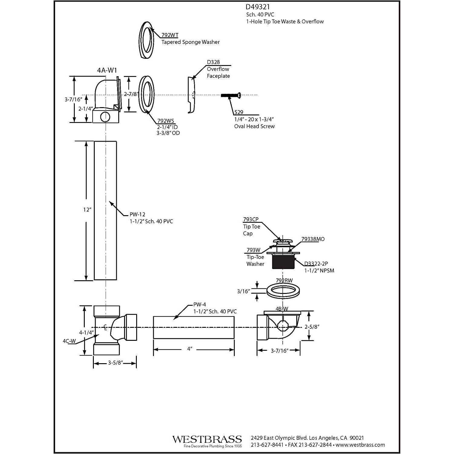 Westbrass Tip-Toe Sch. 40 PVC Bath Waste with One-Hole Elbow D49321-07 - Image 3