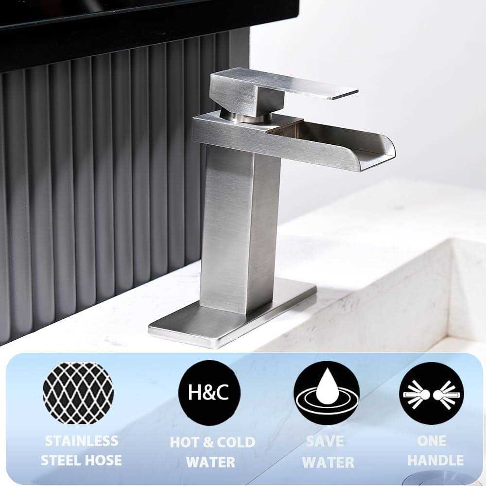 Bathroom Sink Faucet, Single Hole Bathroom Faucet, 3 Hole Brushed Nickel Waterfall Single Handle Bathroom Sink Faucet with Pop Up Drain and Supply - Image 4