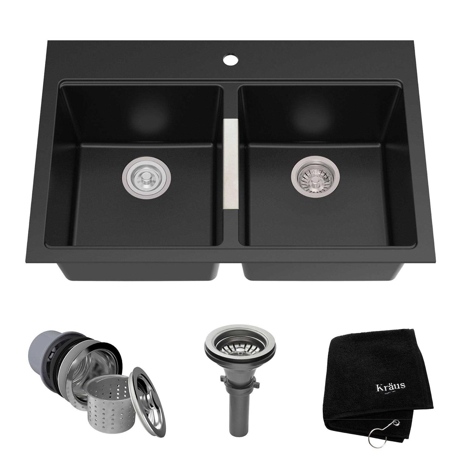 Kraus 33 Inch Dual Mount 50/50 Double Bowl Granite Kitchen Sink KGD-433B