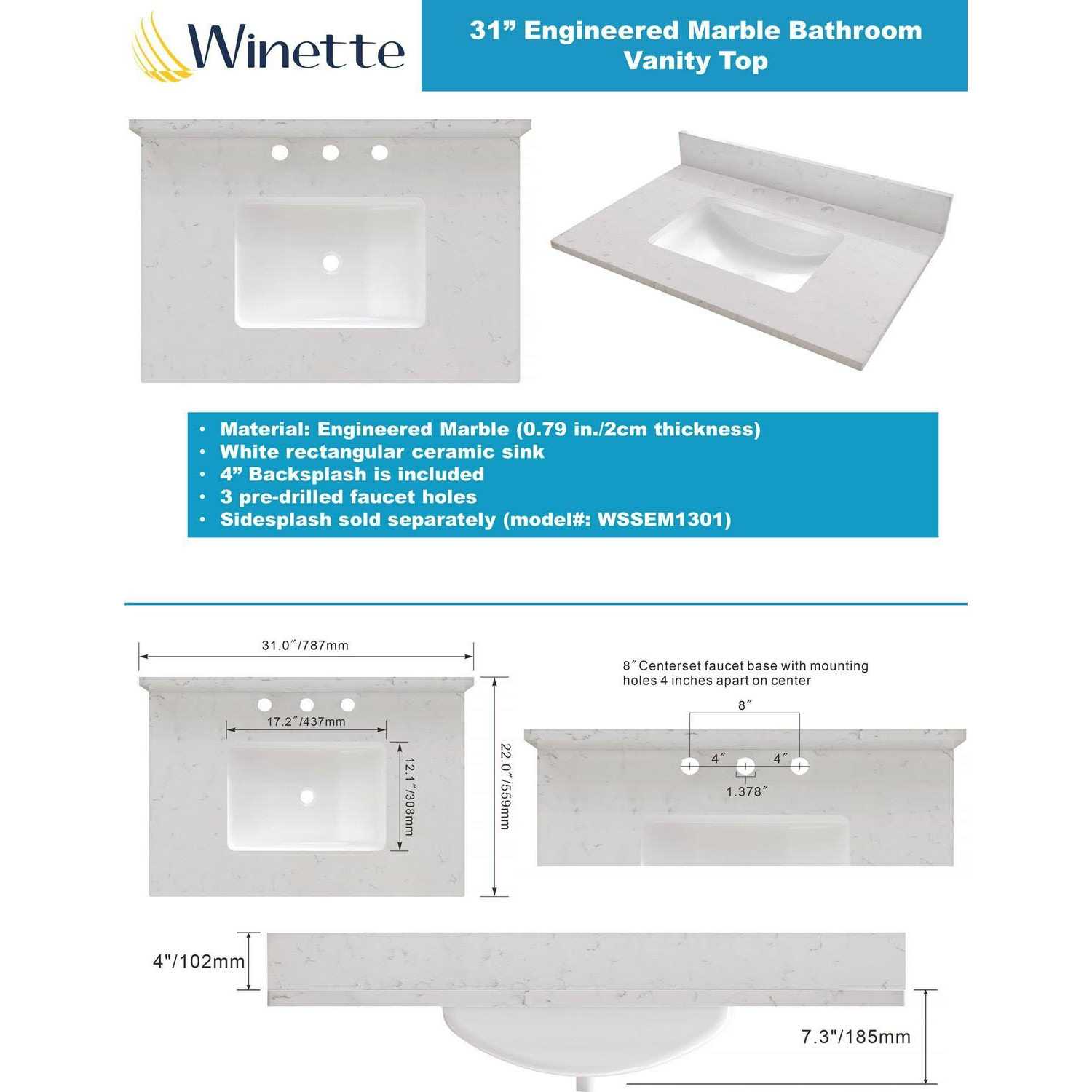 Winette 31-in Carrara White Undermount Single Sink 3-Hole Bathroom Vanity Top Marble - Image 3