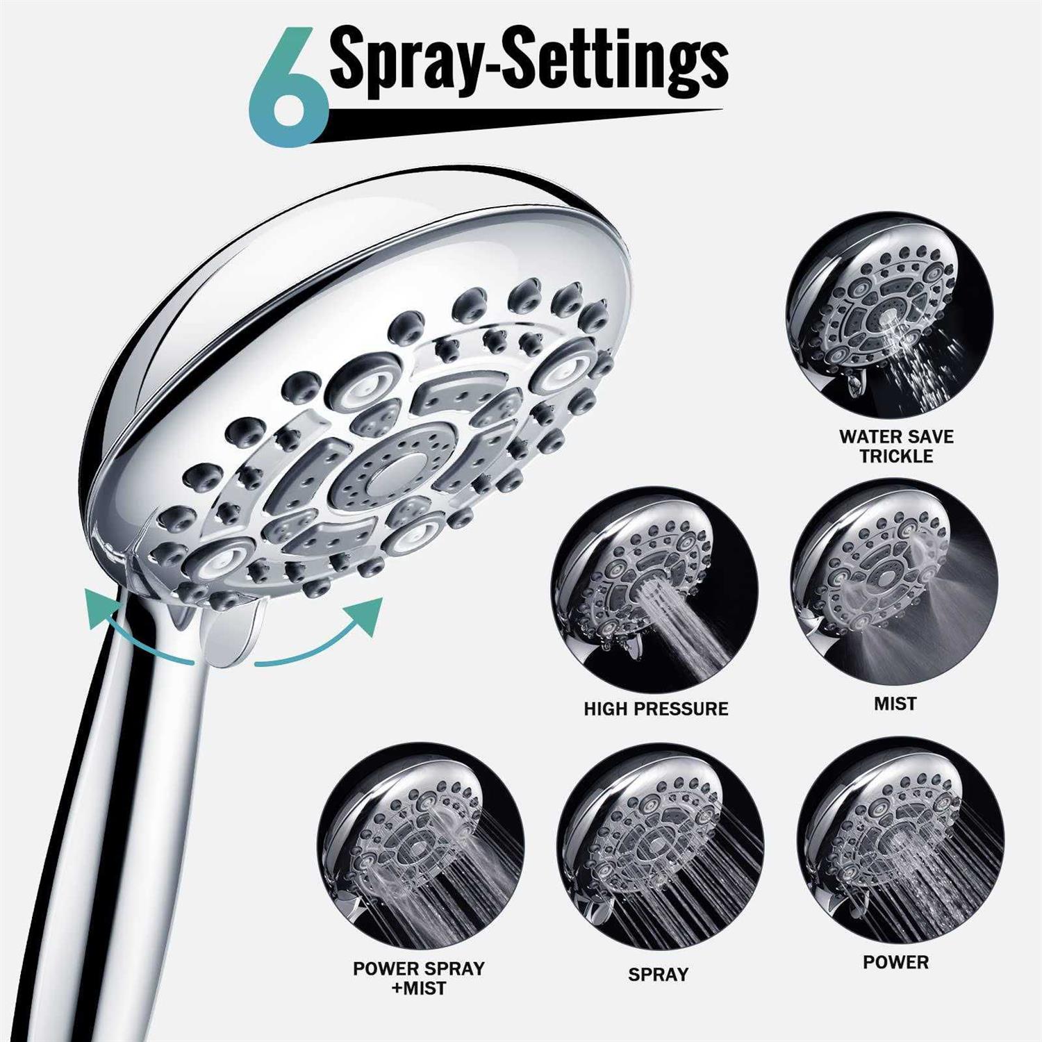 Shower Head, SR SUN RISE 6-Settings 5 High Pressure Handheld Shower Head Set with 2.45 Meter/96 Inch/ 8 FT Long Shower Hose and Shower Arm Mount - Image 3