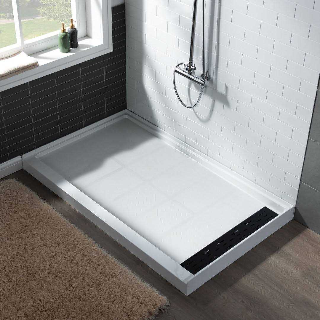 Woodbridge Krasik 60 in. L x Alcove Solid Surface Shower Pan Base Drain in White Cover SBR - Image 3