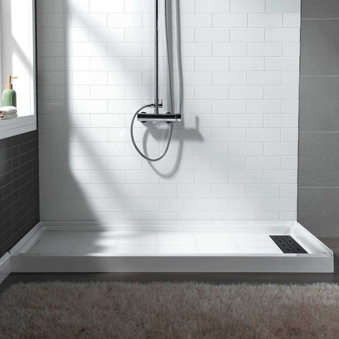 Woodbridge Krasik 60 in. L x Alcove Solid Surface Shower Pan Base Drain in White Cover SBR - Image 5