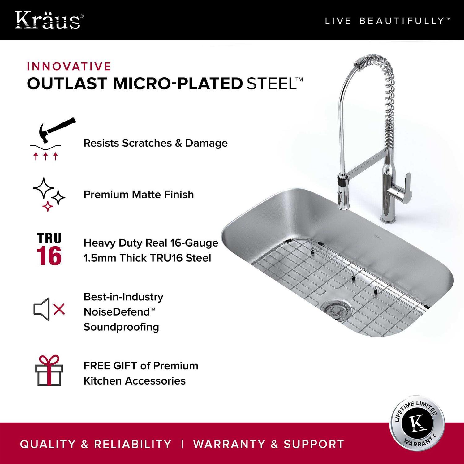 Kraus Outlast MicroShield 32 Single Bowl Stainless Steel Undermount Kitchen Sink KBU14E - Image 2