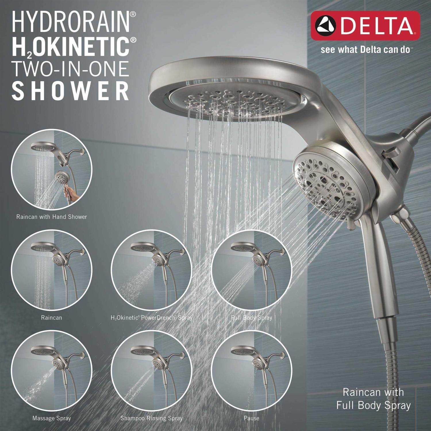 Delta HydroRain H2Okinetic 2.5 GPM 5-Setting Two-in-One Shower Head 58680 - Image 4