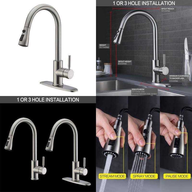 Wewe Single Handle High Arc Brushed Nickel Pull Out Kitchen Faucet Level Steel - Image 5