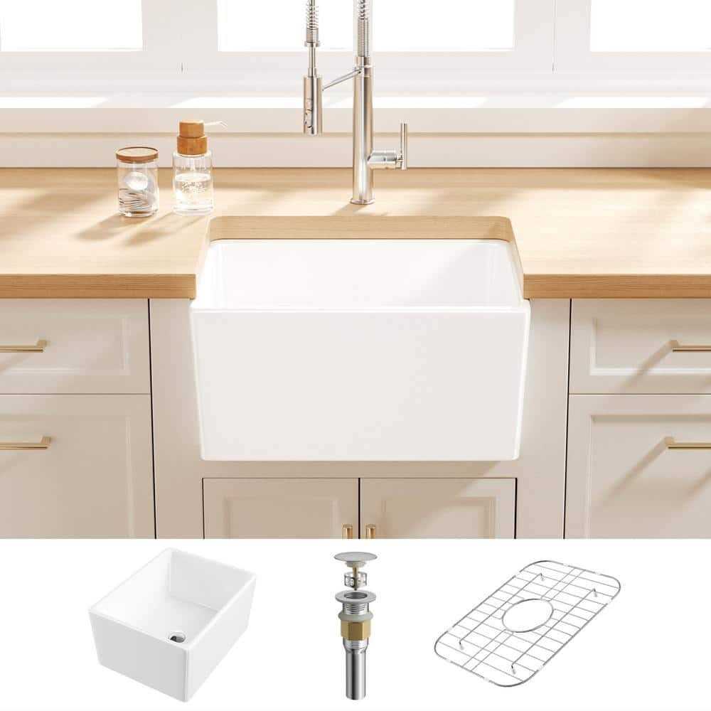 Eridanus Denbigh Crisp White Ceramic 21 in. Single Bowl Farmhouse Apron Kitchen Sink with Bottom Grid and Pop-up Drain