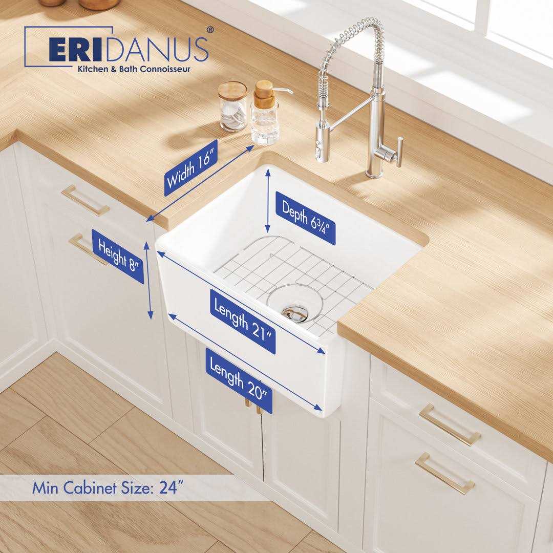Eridanus Denbigh Crisp White Ceramic 21 in. Single Bowl Farmhouse Apron Kitchen Sink with Bottom Grid and Pop-up Drain - Image 3