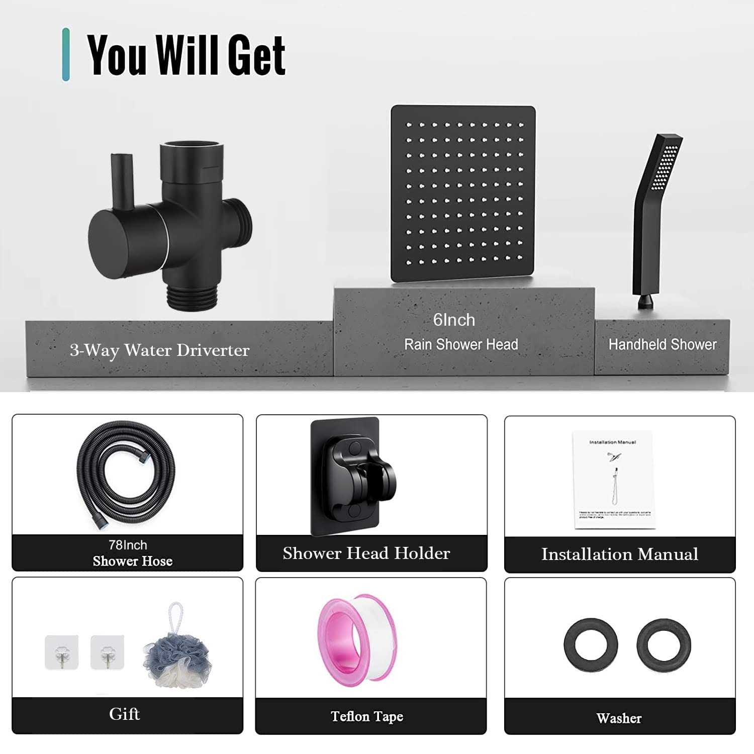 bellearly Rain Shower Head with Handheld Spray 6'' Matte Black Shower Head with 78'' hose - Image 4
