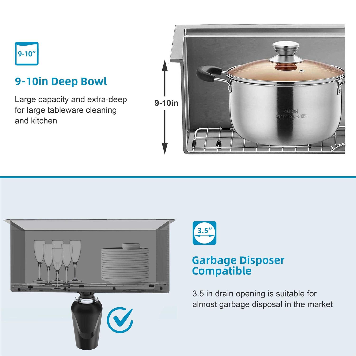 Cb Home Gold Kitchen Sink Undermount Single Bowl Single Basin Drop-in 18 Stainless Steel Deep Sink - Image 4