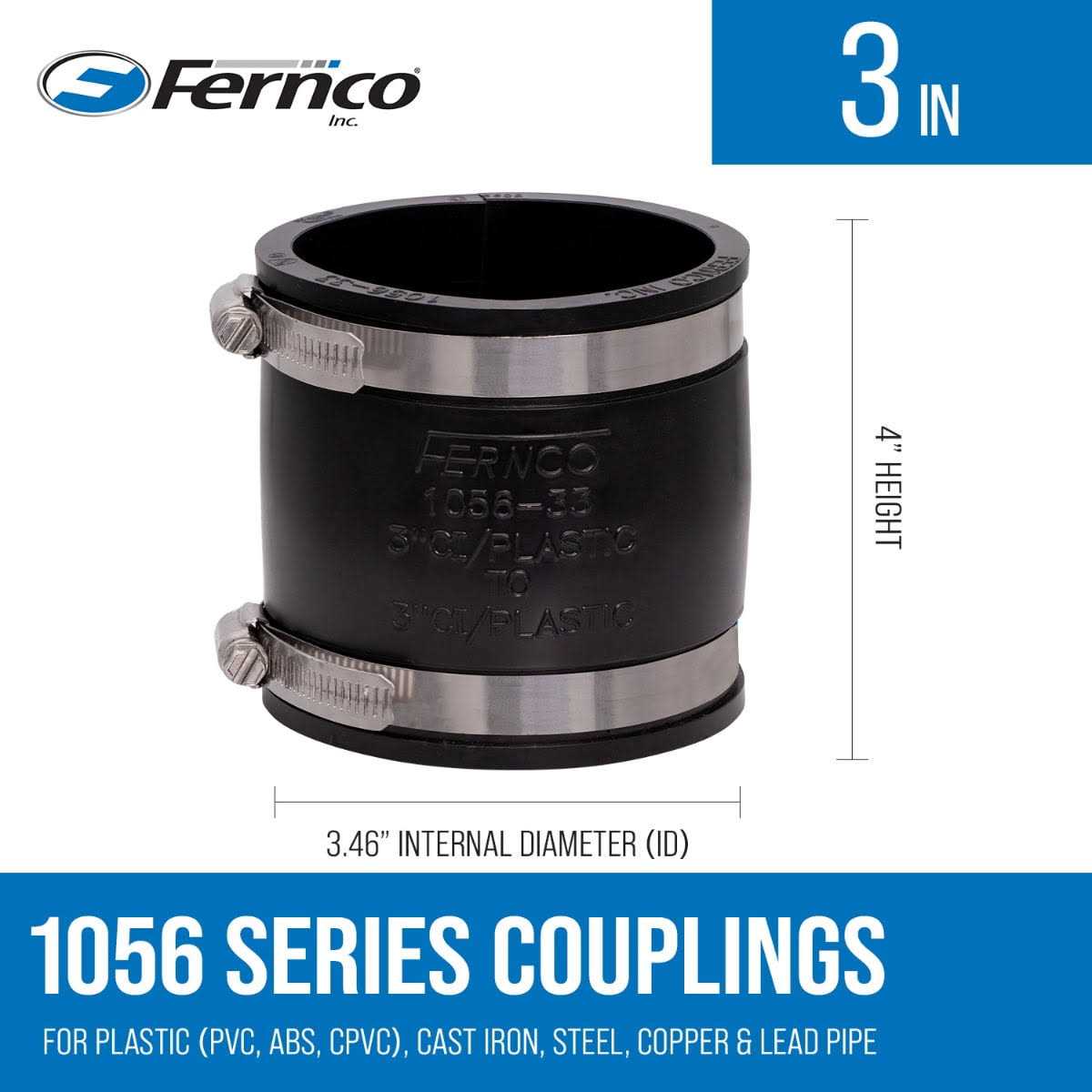 Fernco 1056-33 3 in. Flexible PVC Pipe Coupling for Cast Iron and Plastic Plumbing Connections - Image 3