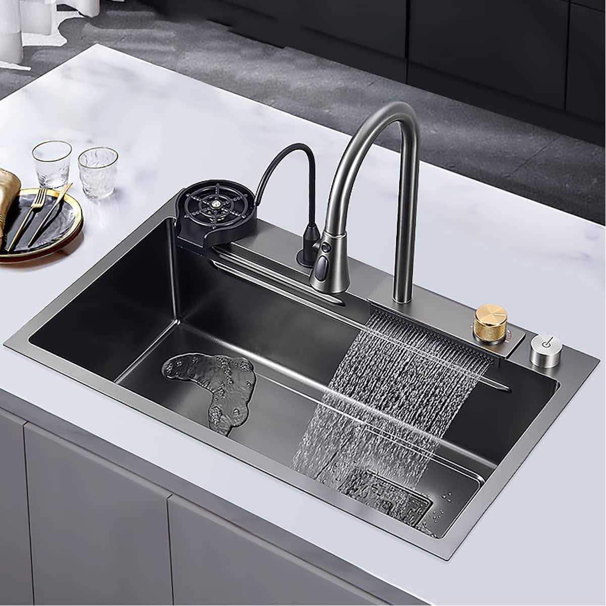 Black Nano Kitchen Sink 304 Stainless Steel Waterfall Sink Single Bowl Workstation Kitchen Sink With Multifunctional Top Loading Flying Rain pull-out - Image 3