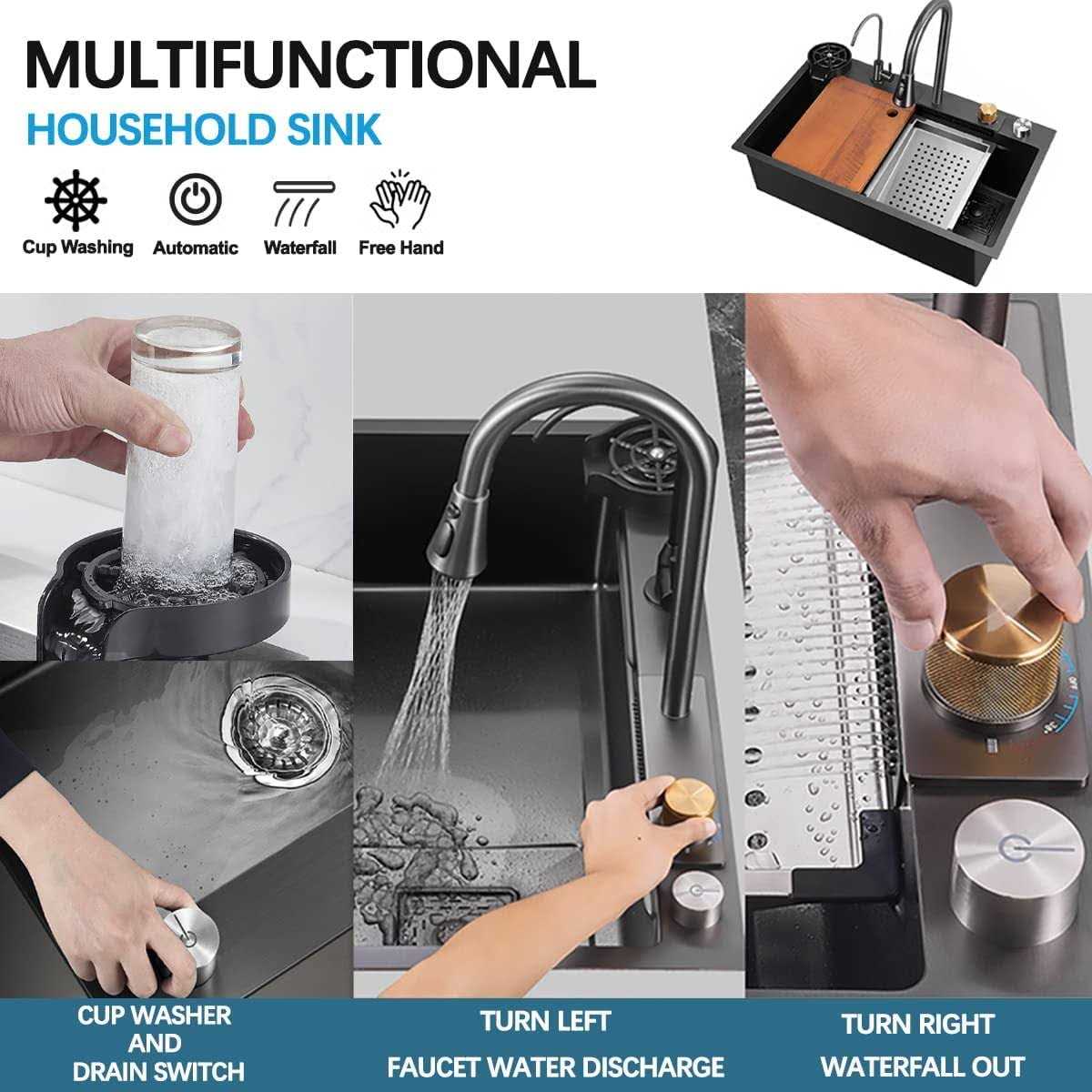 Black Nano Kitchen Sink 304 Stainless Steel Waterfall Sink Single Bowl Workstation Kitchen Sink With Multifunctional Top Loading Flying Rain pull-out - Image 5