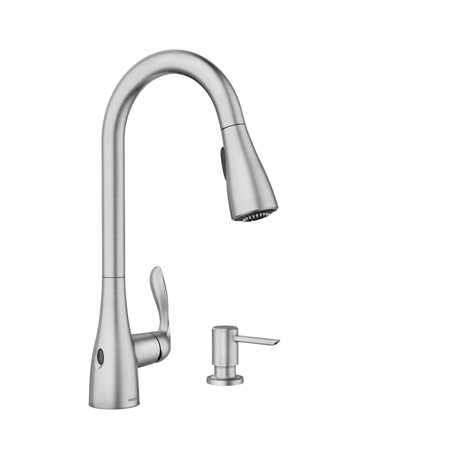 Moen Georgene Spot Resist Stainless Single Handle Pull-Down Touchless Kitchen Faucet with Deck Plate and Soap Dispenser Included