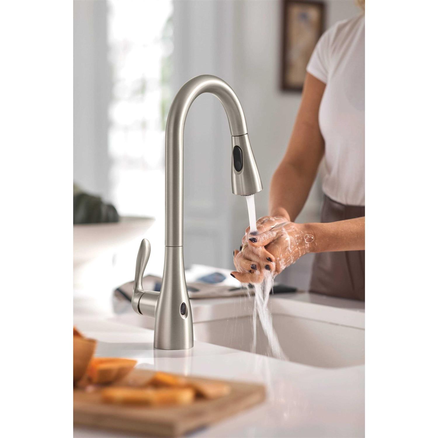 Moen Georgene Spot Resist Stainless Single Handle Pull-Down Touchless Kitchen Faucet with Deck Plate and Soap Dispenser Included - Image 2
