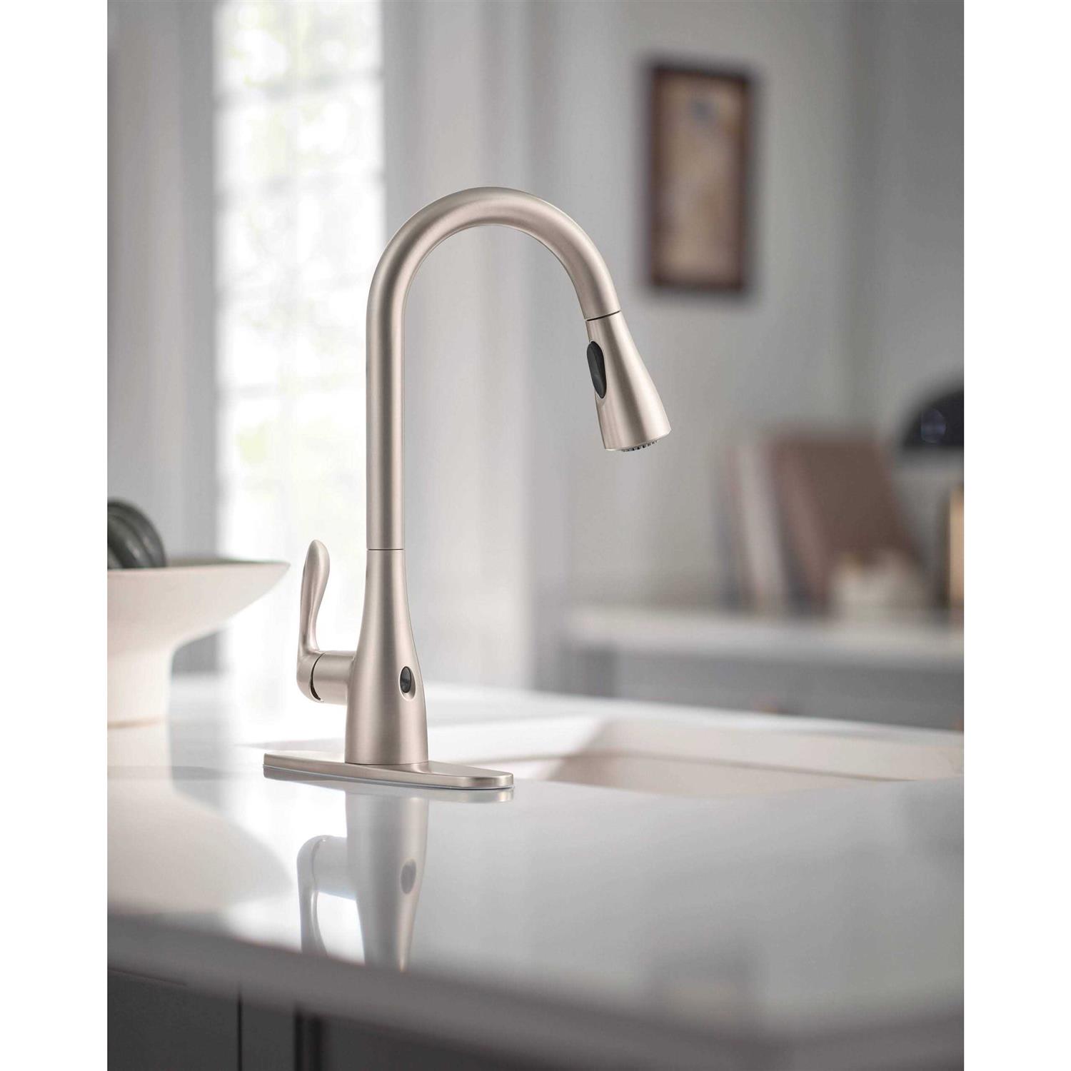 Moen Georgene Spot Resist Stainless Single Handle Pull-Down Touchless Kitchen Faucet with Deck Plate and Soap Dispenser Included - Image 3