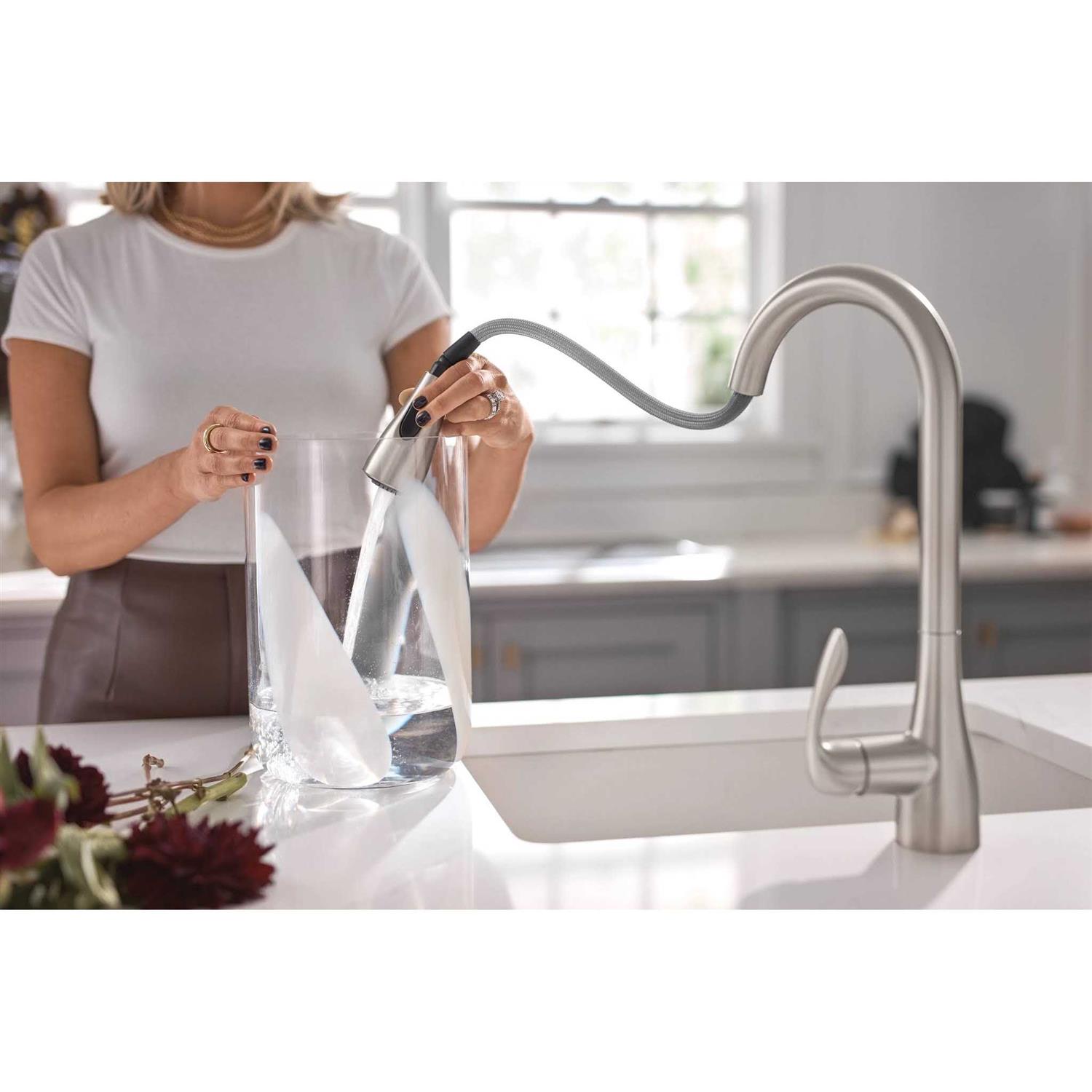 Moen Georgene Spot Resist Stainless Single Handle Pull-Down Touchless Kitchen Faucet with Deck Plate and Soap Dispenser Included - Image 4