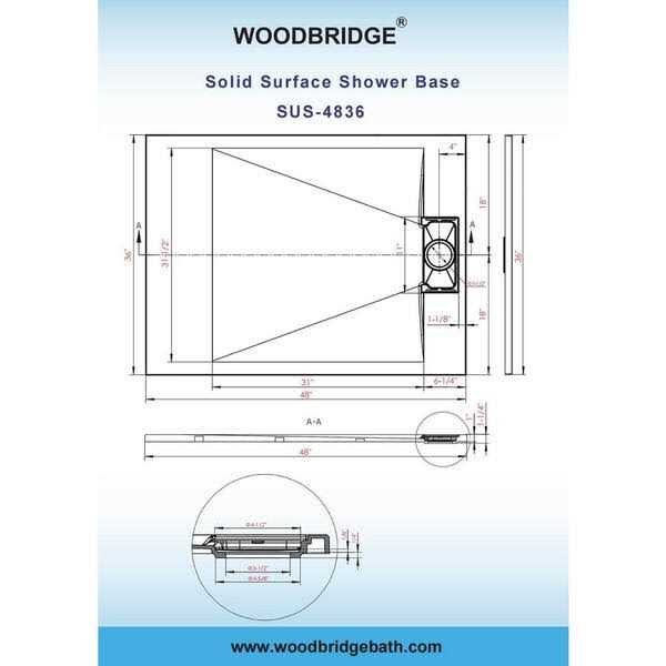 WoodBridge 48 in. L x 36 in. W Alcove Zero Threshold Shower Pan Base with Left/Right Drain SUS-WH-4836 - Image 5