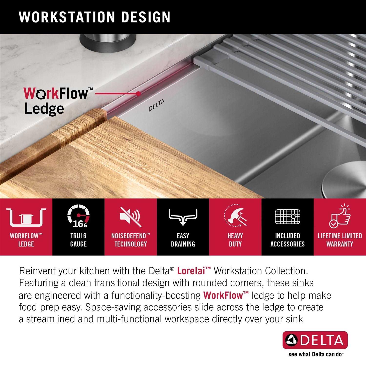 Delta Lorelai 32 Workstation Kitchen Sink Undermount 16 Gauge Stainless Steel Single Bowl with WorkFlow Ledge and Accessories - Image 3