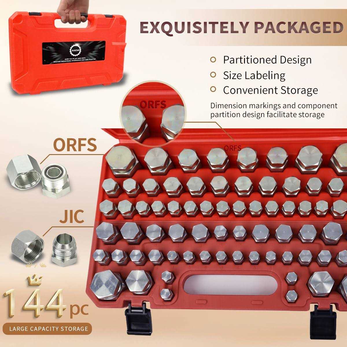 AKM 144 PC JIC and ORFS Master Industrial Hydraulic Cap and Plug Hose Tube and Pipe Fitting Kit Cap and Plug Kit Precision Threading in ORFS and 37° - Image 4