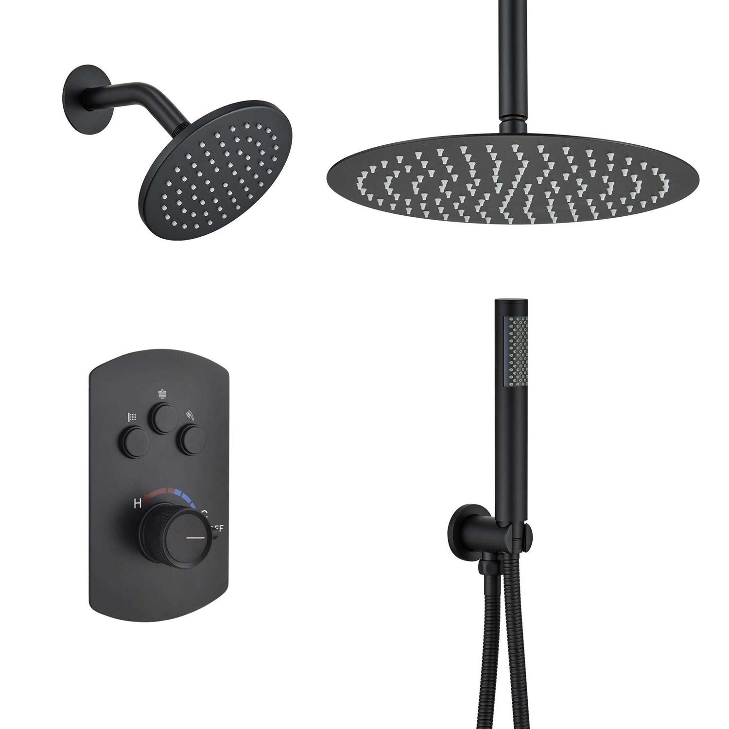 mondawe Pressure Balanced 3-Spray Patterns 12 in. Ceiling Mounted Rainfall Dual Shower Heads with Handheld WF6853-12MB