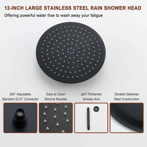 mondawe Pressure Balanced 3-Spray Patterns 12 in. Ceiling Mounted Rainfall Dual Shower Heads with Handheld WF6853-12MB - Image 2