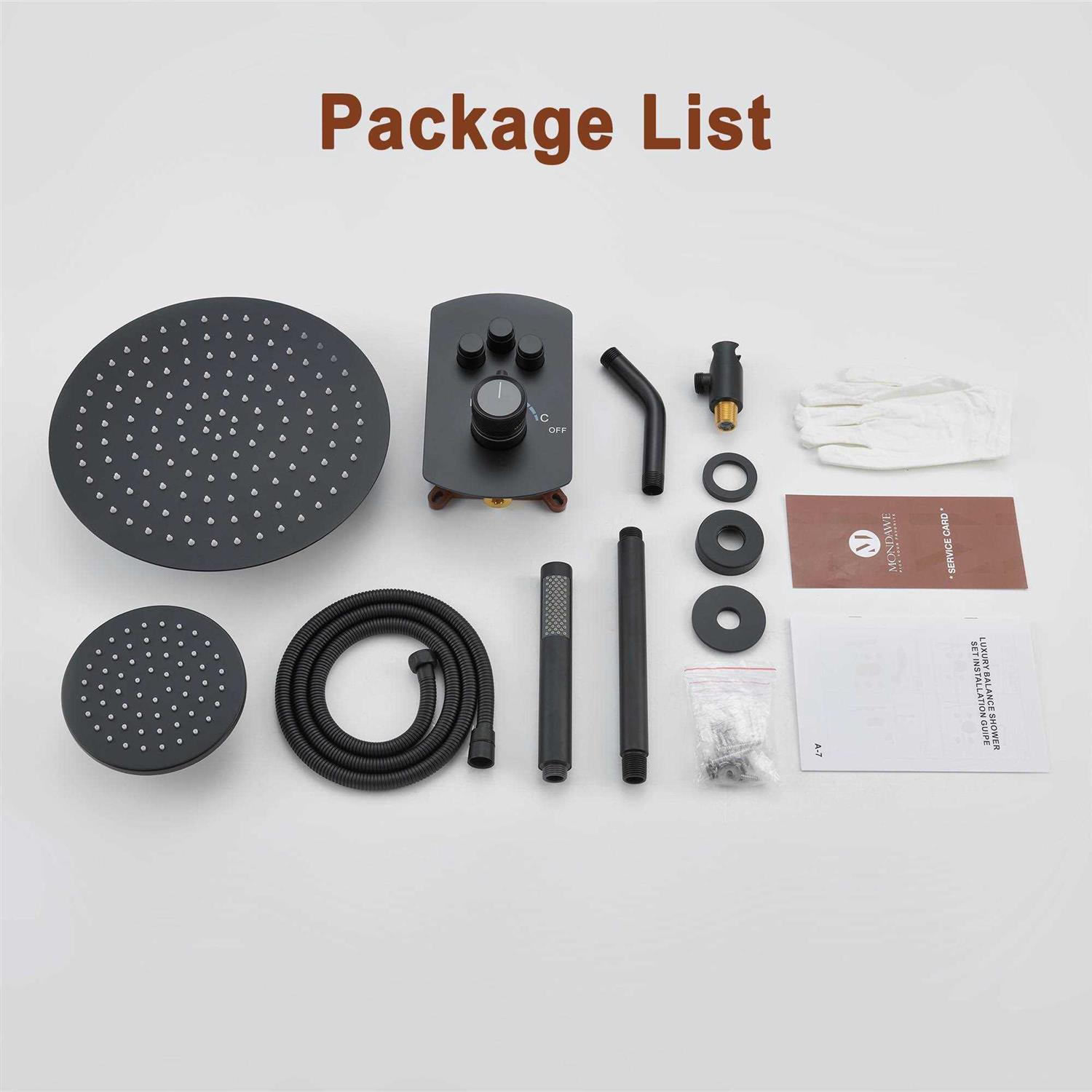 mondawe Pressure Balanced 3-Spray Patterns 12 in. Ceiling Mounted Rainfall Dual Shower Heads with Handheld WF6853-12MB - Image 3