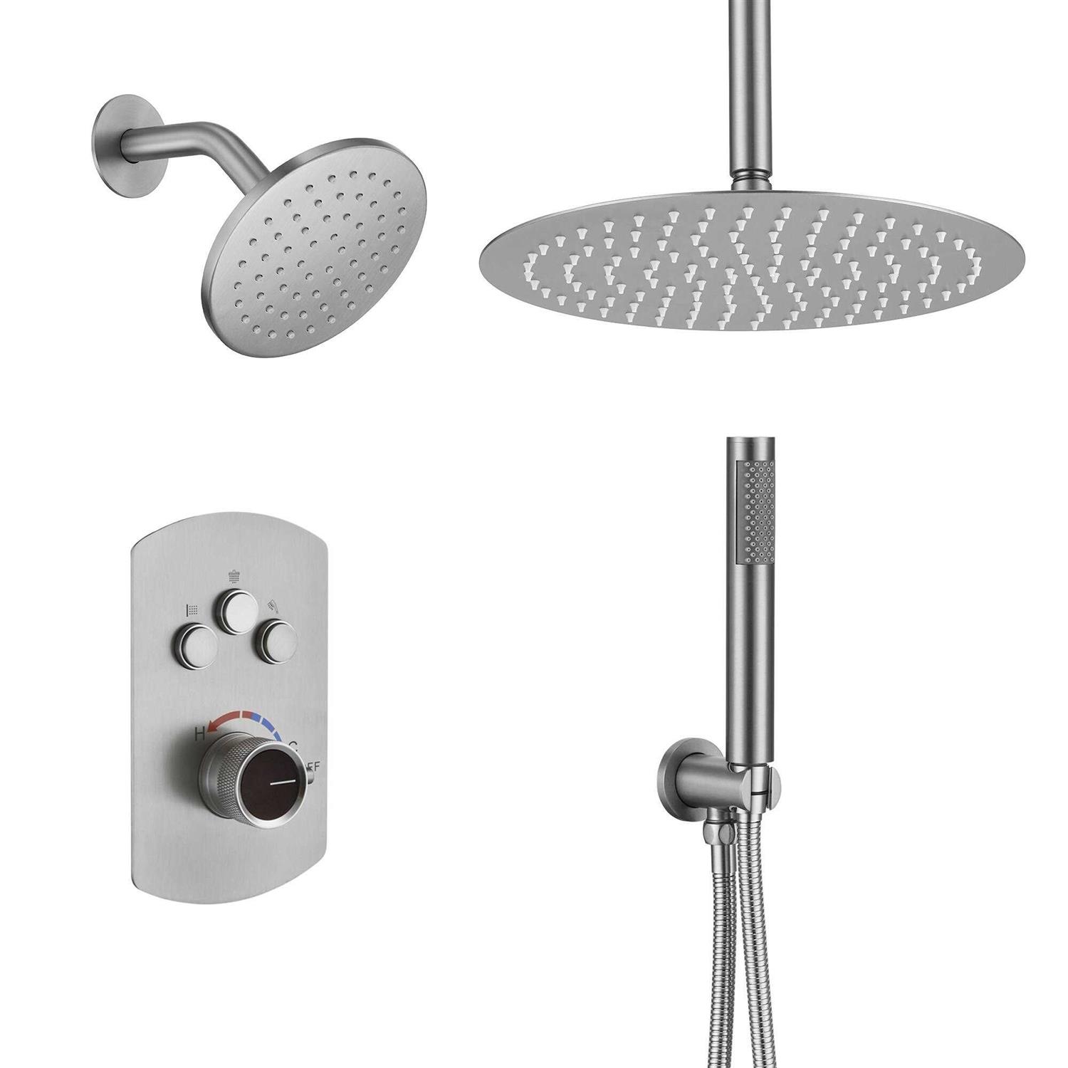 mondawe Pressure Balanced 3-Spray Patterns 12 in. Ceiling Mounted Rainfall Dual Shower Heads with Handheld WF6853-12MB - Image 5