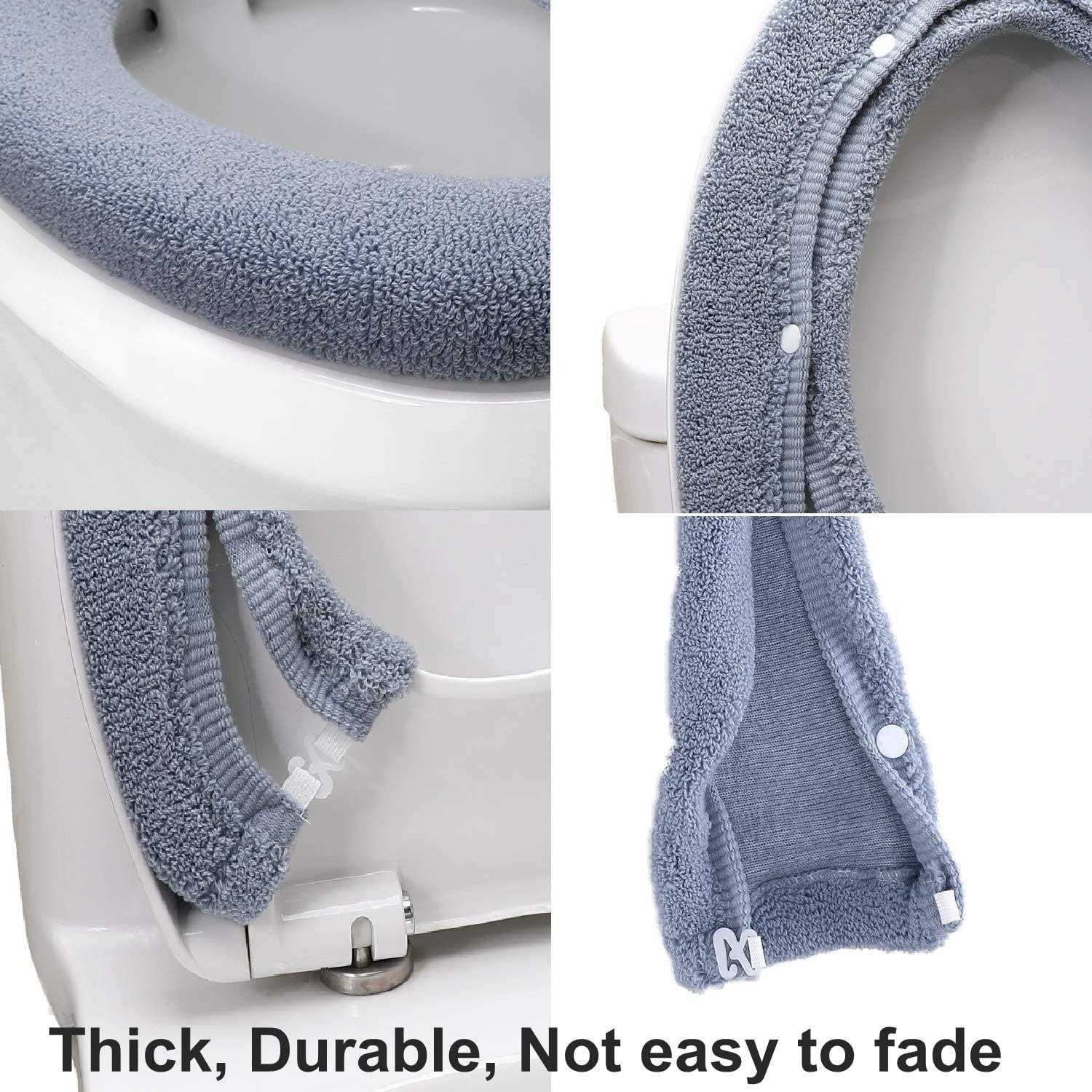 SENOMOR Toilet Seat Cover,Bathroom Soft Thicker Warmer with Snaps Fixed Stretchable Washable Fiber Cloth Toilet Seat Covers Pads Easy Installation& Cleaning - Image 4