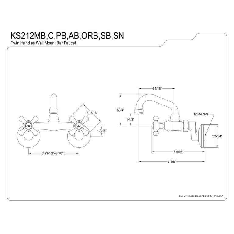 Kingston Brass Two Handle Wall Mount Bar Faucet - Image 2