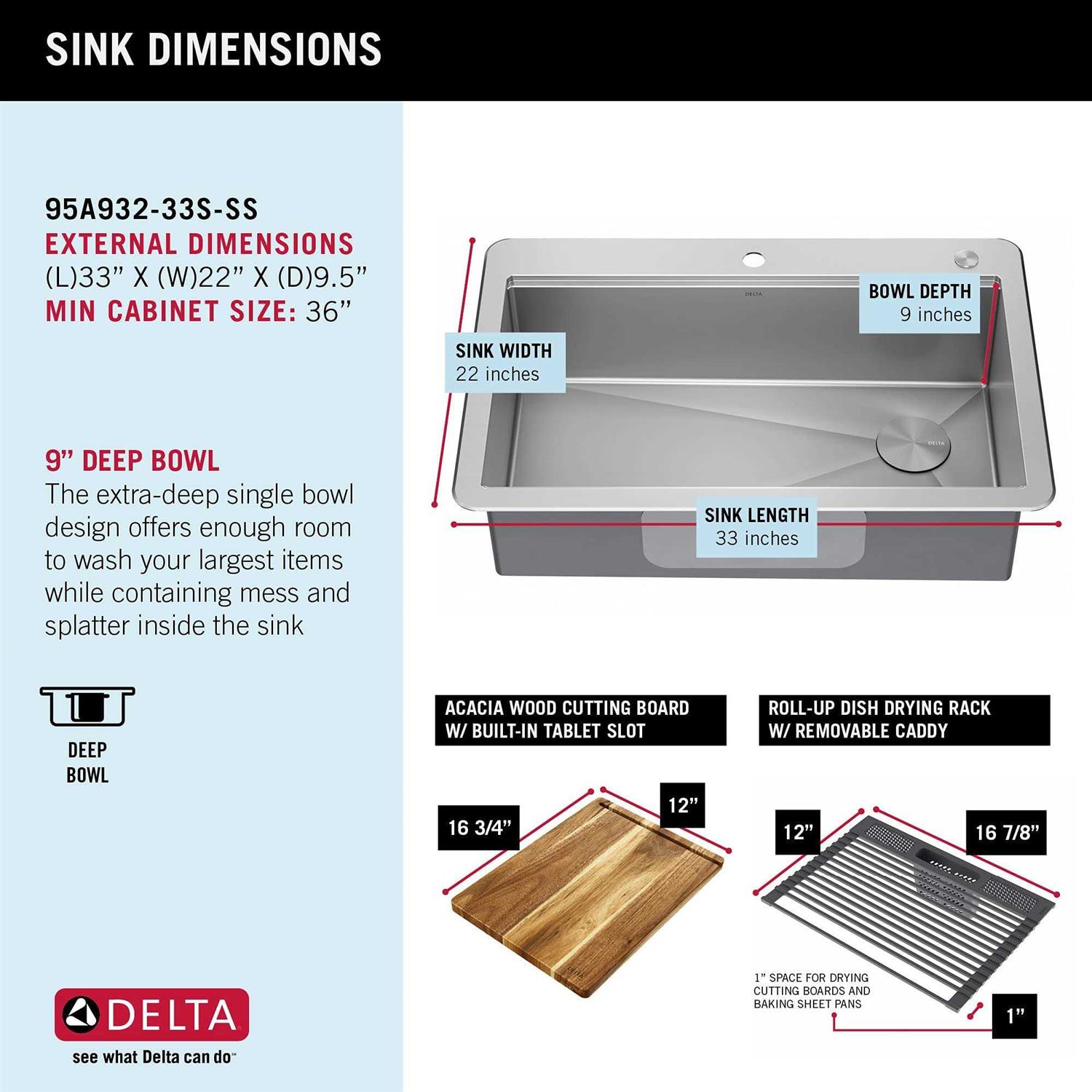 Delta Lorelai 33in Workstation Kitchen Sink Drop-In Top Mount 16 Gauge - Image 3