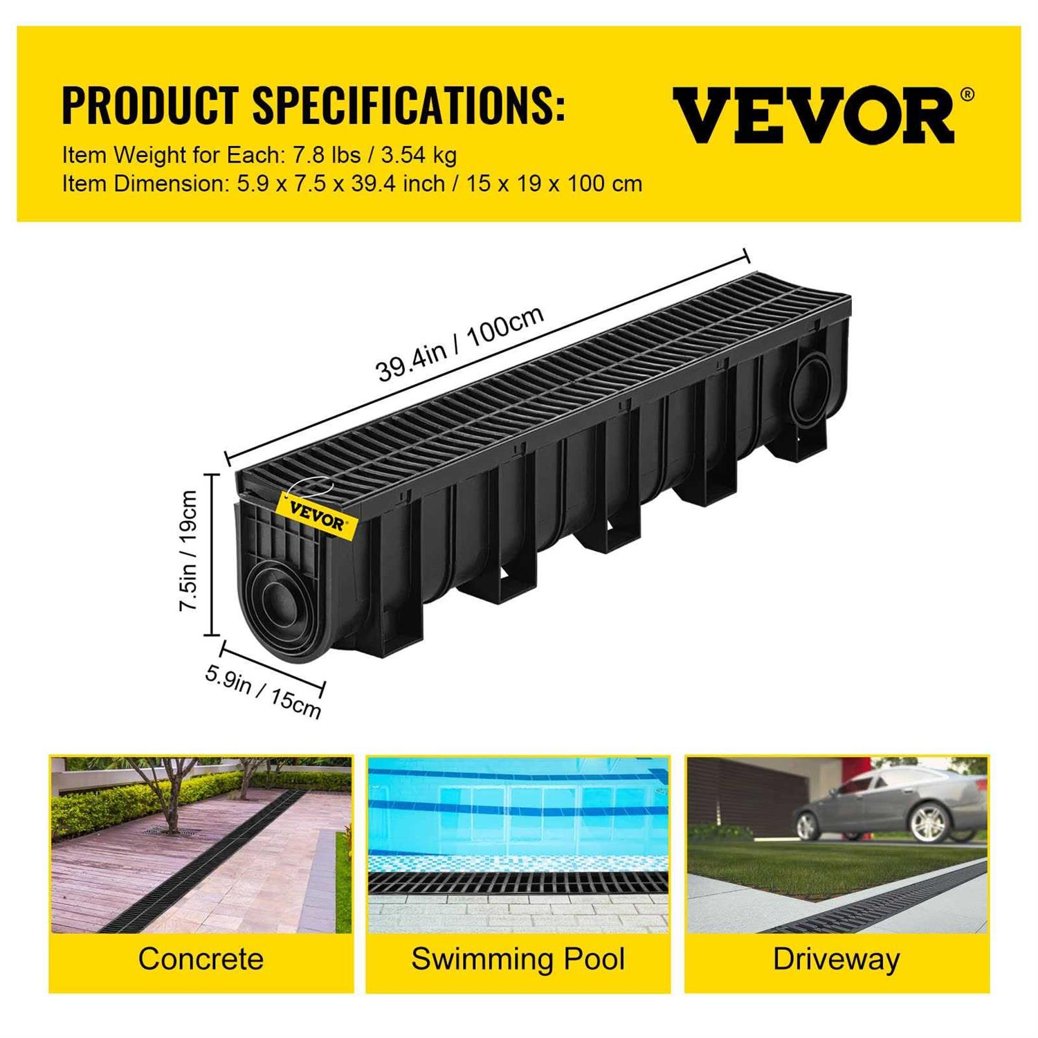 VEVOR Trench Drain System Channel Drain with Plastic Grate 5.9x7.5-Inch HDPE Drainage Trench - Image 3