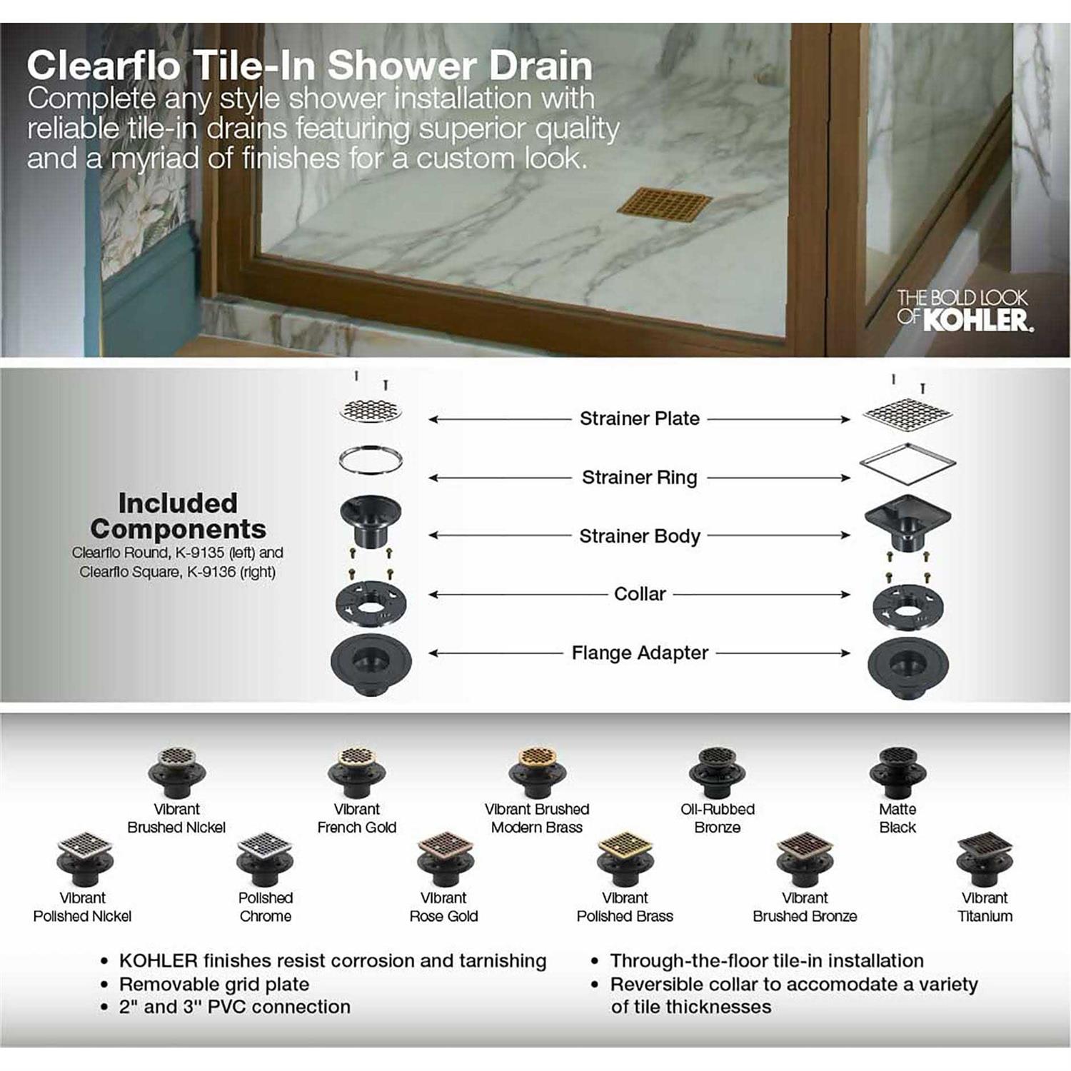 Kohler 9136-BL Clearflo Square Design Tile-In Shower Drain - Image 3