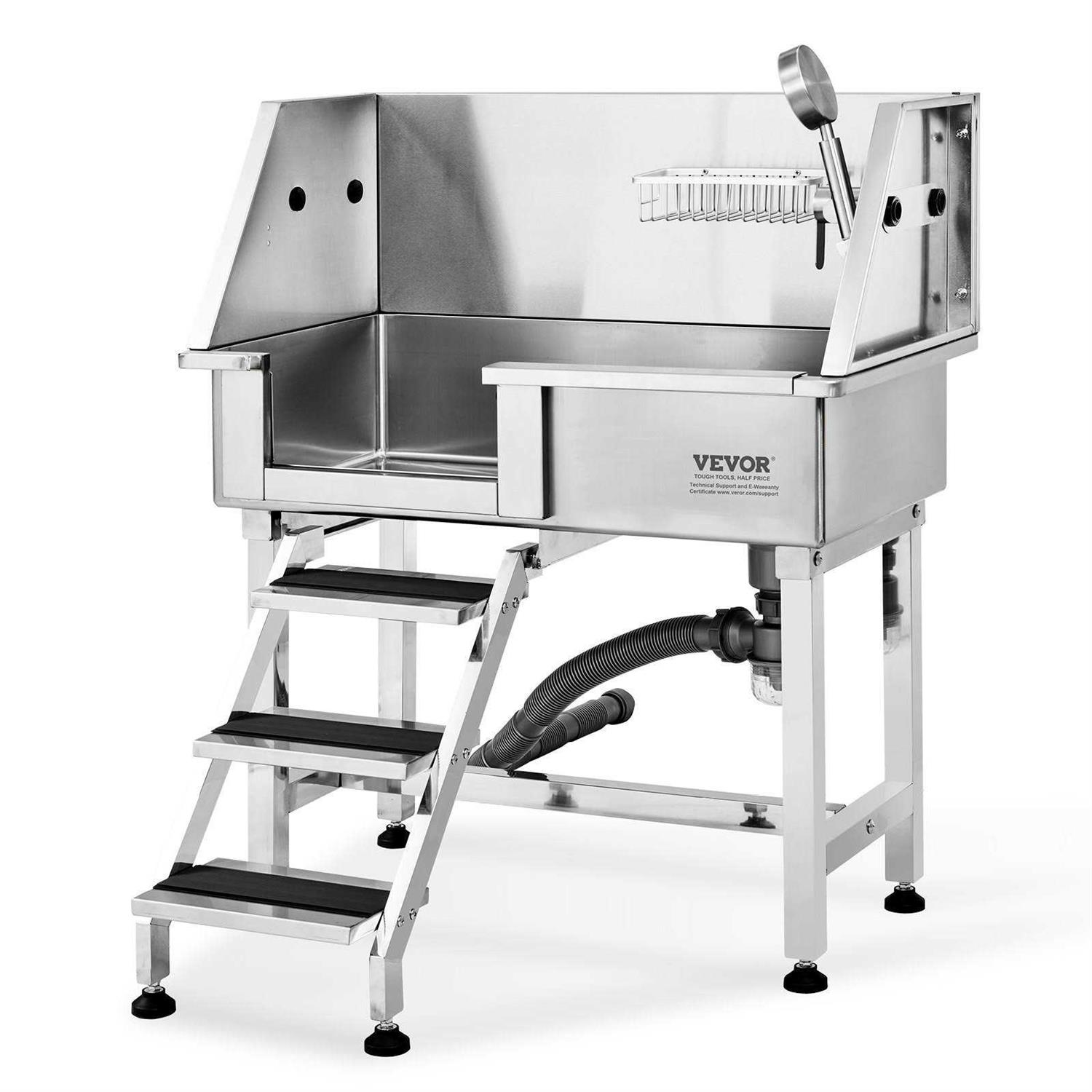 VEVOR 34 Pet Dog Bathing Station w/Ramp Professional Stainless Steel Dog Grooming Tub w/ Storage Drawer