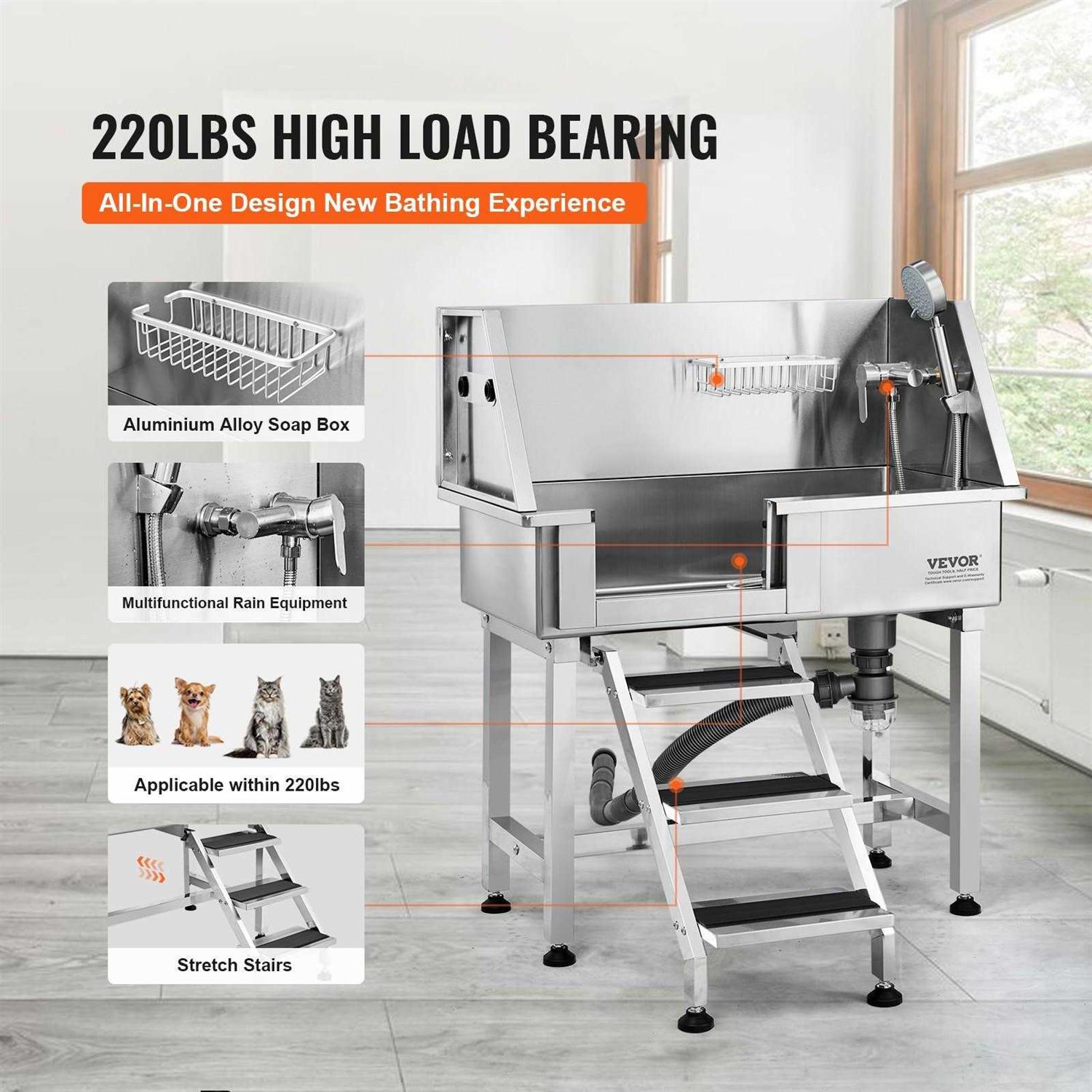 VEVOR 34 Pet Dog Bathing Station w/Ramp Professional Stainless Steel Dog Grooming Tub w/ Storage Drawer - Image 3