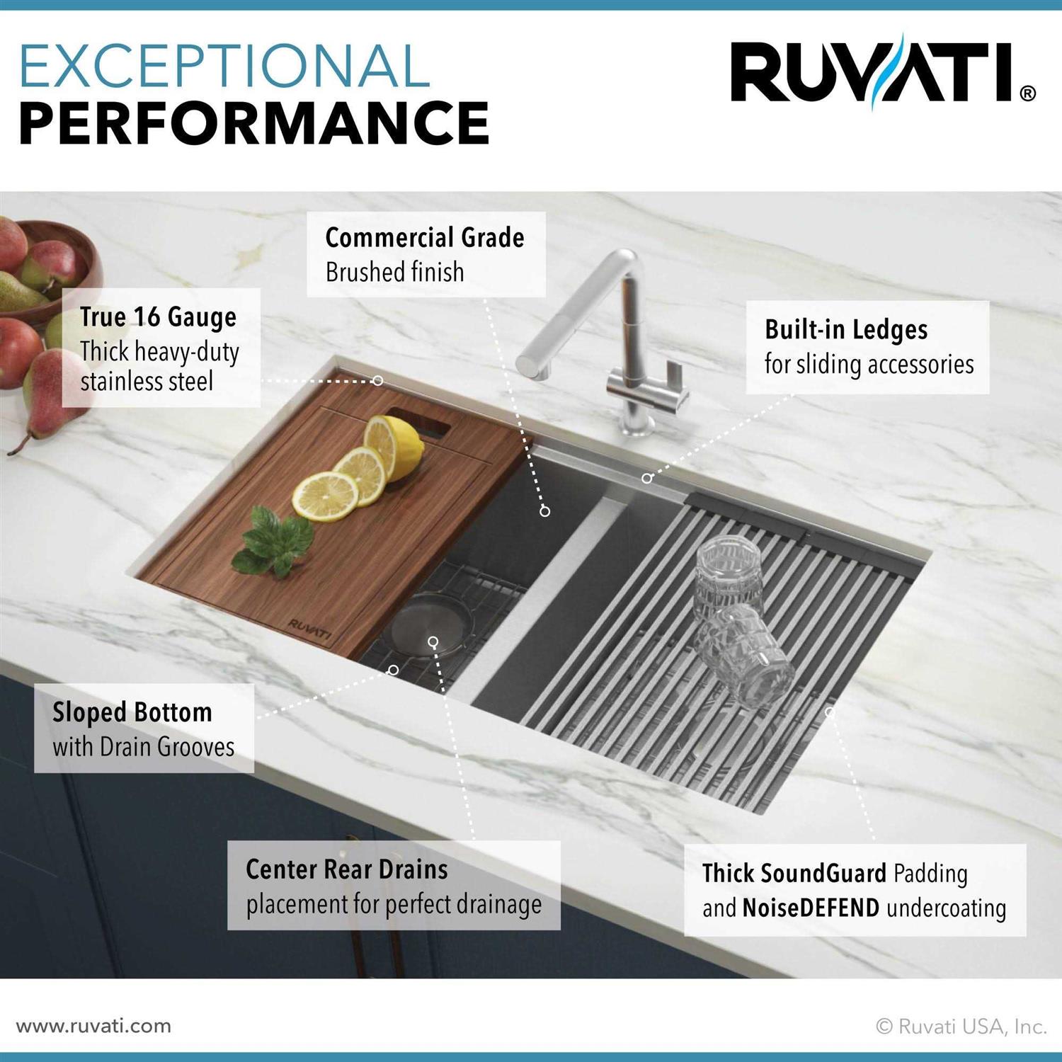 Ruvati 33-inch Workstation Ledge 60/40 Double Bowl Undermount 16 Gauge Stainless Steel Kitchen Sink RVH8356 - Image 5