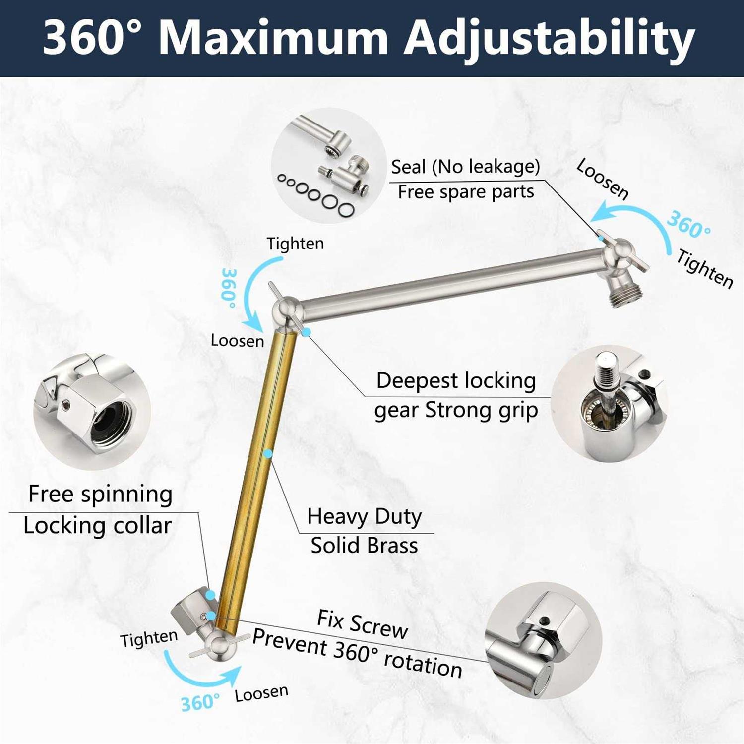 PDPBath Brass 16 Inch Shower Head Extension Arm Upgrade Flexible Height & Angle Adjustable Shower Arm Extender with Lock Joints - Image 2