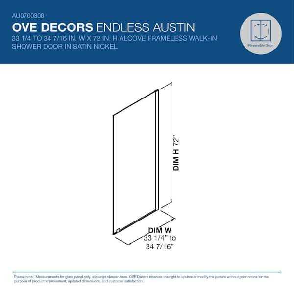 Ove Decors Austin 34-7/16 in. W x 72 in. H Rectangular Fixed Shower Door Frameless Alcove Shower Enclosure in Nickel - Image 4