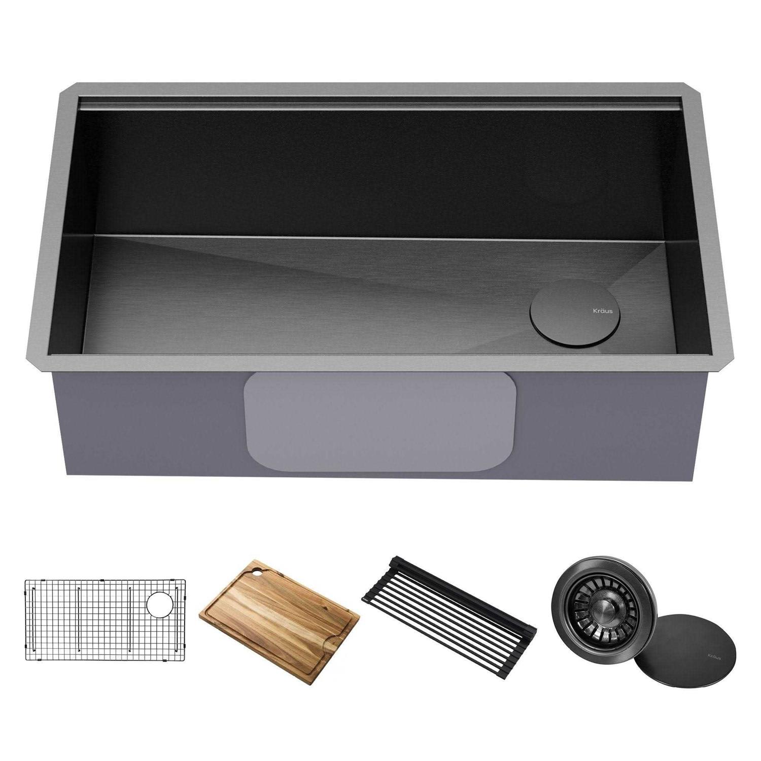 Kraus Kore Workstation 32 Undermount 16 Gauge Stainless Steel Single Bowl Kitchen Sink in PVD Gunmetal Finish with Accessories