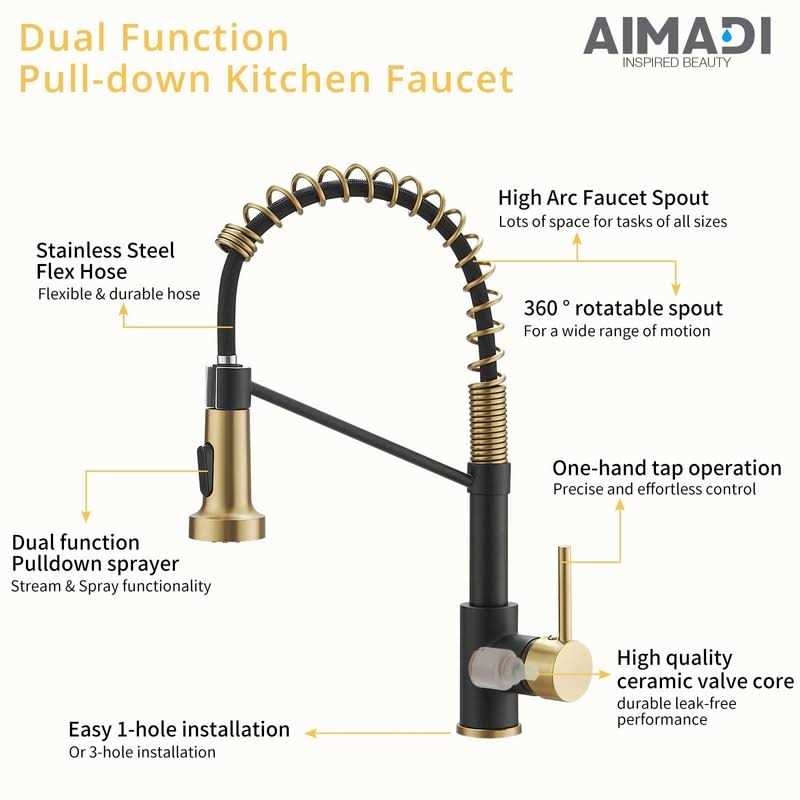 Aimadi Black Faucet Kitchen,Commercial Black Gold Kitchen Faucet Matte Black Modern Single Handle Kitchen Faucet with Pull Down Sprayer for Rv - Image 5