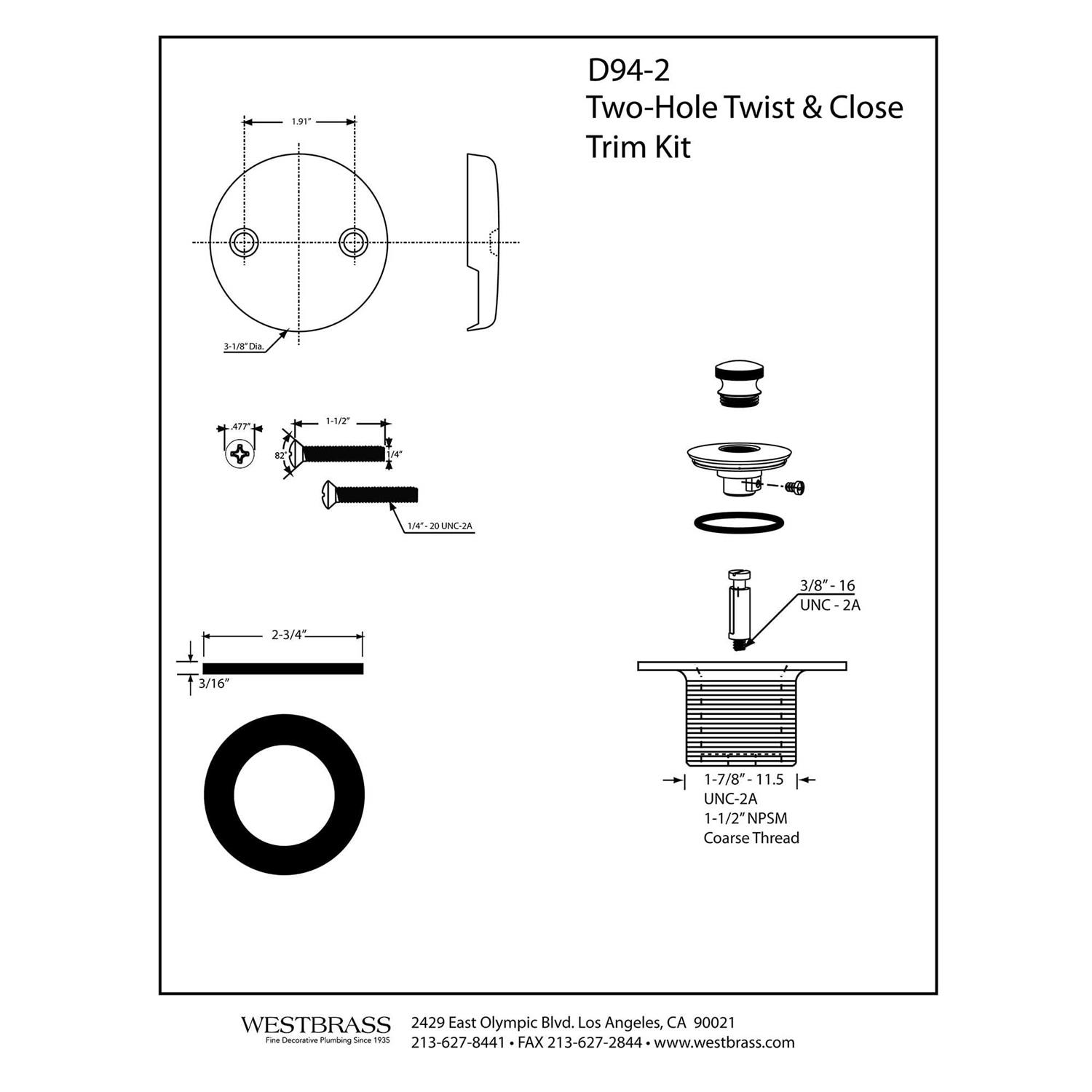Westbrass Twist & Close Tub Trim Set with Two Hole Overflow Faceplate D94-2-62 - Image 5